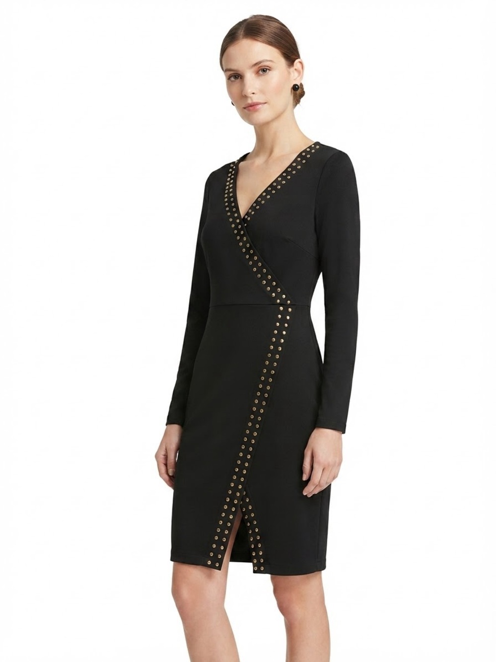 Carmen Marc Valvo Size 4 Black Studded Wrap Dress - Long Sleeve Office